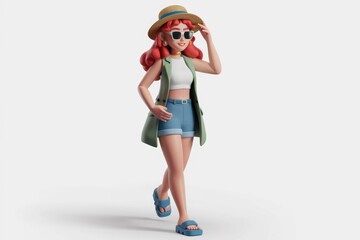 A 3D animated woman with red hair  sunglasses  and summer clothes strolls confidently.
