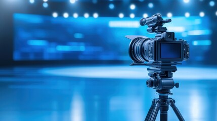 A professional camera on a tripod set against a blue backdrop, capturing images in a studio environment with soft lighting.
