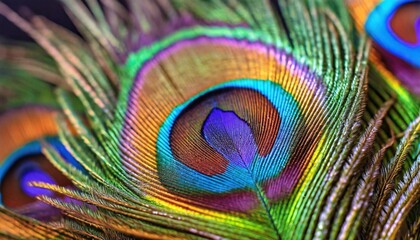 Naklejka premium Close-up intricate details of a coloful peacock feather