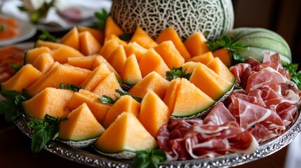 Vibrant Juicy Cantaloupe Slices on Decorative Platter with Fresh Melon and Garnish for Summer Events and Culinary Presentation