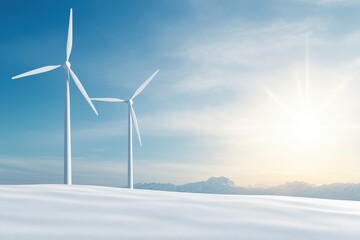 Wind turbines stand tall in a snowy landscape under a bright sun, symbolizing renewable energy and sustainability in a serene setting.