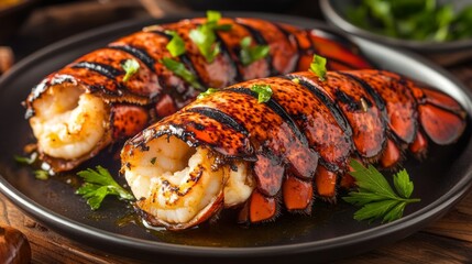 Succulent Grilled Lobster Tails Drizzled with Rich Garlic Butter Glistening Under Fresh Herbs on a Rustic Plate