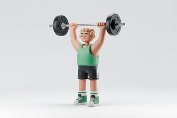 A 3D cartoon man performs overhead barbell press  showcasing strength and fitness.