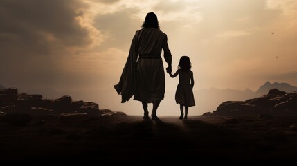 A conceptual illustration of jesus walking with a young girl on a neutral background from behind