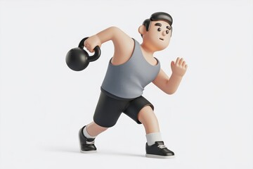 A 3D cartoon man runs while holding a kettlebell  showcasing fitness and strength.
