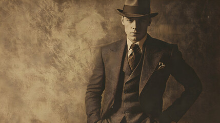 Vintage image of a 1920s man in period attire, evoking a sense of historical. high quality image