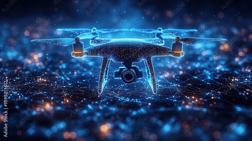 Poster abstract depiction of a drone with action video camera against a dark blue backdrop, characterized b