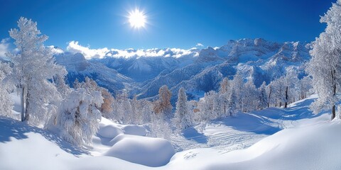 Fototapeta premium A breathtaking winter scene depicting a pristine snow-covered landscape with frosty trees, majestic mountains, and a radiant sun in an azure sky