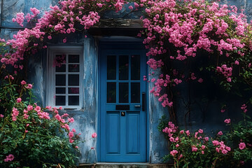 A blue door with a black handle is in front of a house with a lot of pink flower