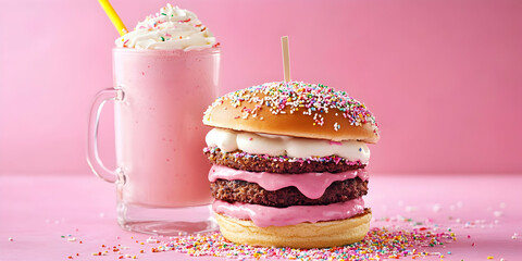 Whimsical pink dessert burger with layers of cream and sprinkles next to a matching milkshake, exuding playfulness. high quality image