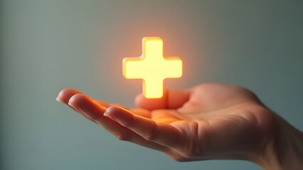 Hand holding a glowing plus sign, symbolizing health, wellbeing, and vitality. Perfect for themes of wellness, healthcare, and positive energy