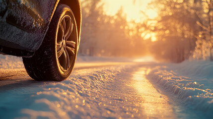 Winter tire with snow-covered road detail, illuminated by morning sunlight, emphasizing road safety in cold weather. high quality image
