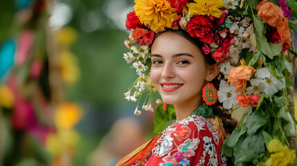 Woman in traditional attire adorned with floral details, highlighting cultural celebration and joy.8k image