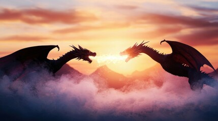 Fototapeta premium Fantasy Dragons Two dragons engaged in an epic aerial battle, their fiery breath clashing amidst a backdrop of towering mountains and a fiery sunset.