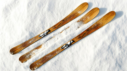 Wooden skis on pristine white snow, capturing the essence of a winter ski holiday in nature. high quality image