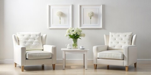 White Interior Design with Two Armchairs and Flower Arrangement, Interior Design, Minimalism