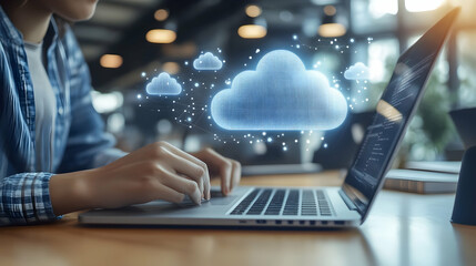 Young professional engages with cloud technology graphics on a laptop, set in a sleek modern workspace. high quality image