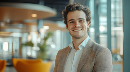 Young businessman smiling in modern office, representing corporate friendliness and teamwork.8k image