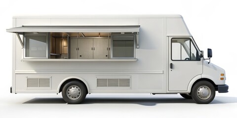 White Food Truck with Serving Window, 3D Render, food truck, mobile kitchen