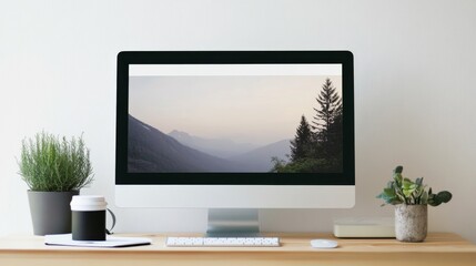 Modern Computer Displaying Scenic Nature View with Parallax Scrolling Effect on a Minimalist Workspace with Greenery and Coffee Cup