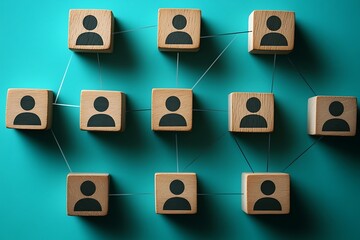 Teal Background Flat Lay Interconnected Wooden Blocks, Teamwork Visual Metaphor