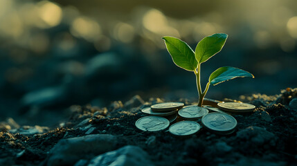A small plant sprouting from coins symbolizes sustainable financial growth and wealth nurturing in a natural environment. high quality image