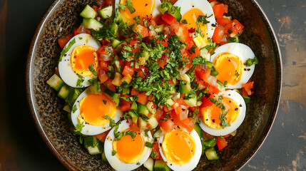 A vibrant bowl of mixed vegetables, eggs, and spicy sauce, creating a delicious and colorful meal option. high quality image