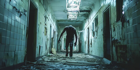 Abandoned hospital hallway with survivor fighting off zombies, capturing intensity of survival. high quality image