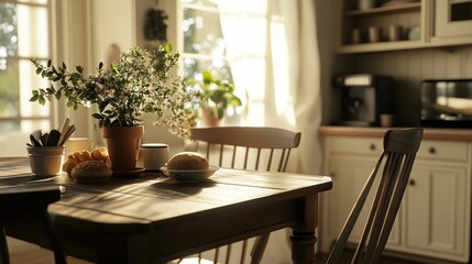 Obraz premium A Rustic Kitchen Table Setting with Blooming Flowers and Sunlight