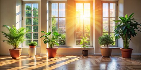 Sunlight Streaming Through Windows Illuminating Plants on Hardwood Floor, Interior Design , Home Decor