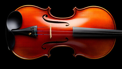 Fototapeta premium Exquisite detail of a handcrafted violin, showcasing its rich, polished wood and intricate craftsmanship against a stark black backdrop. Perfect for musical themes or artistic projects.