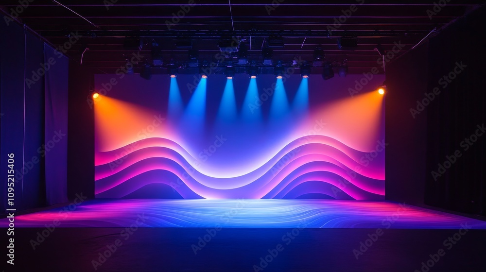 Poster stage design with soft pastel lights creating wave-like effects for events and performances in a mod