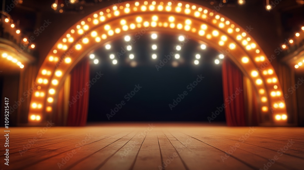 Poster elegant stage lights forming an arch with soft warm tones creating a perfect backdrop for performanc