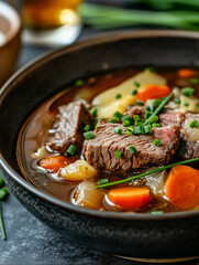 Hearty beef stew with vegetables and fresh herbs in a rustic bowl