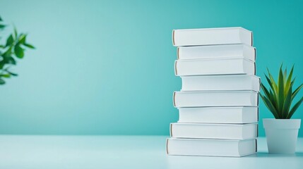 Minimalist Stack of Books A stack of books with blank covers, offering a clean canvas for customization and branding purposes.