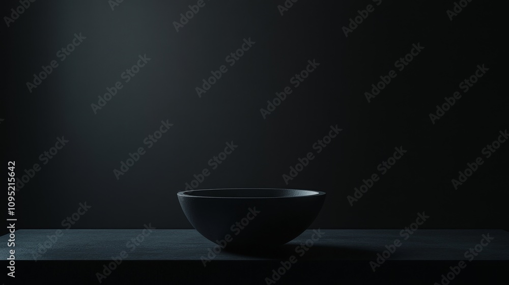 Poster softly diffused lighting on a minimalistic black bowl against a dark backdrop for elegant and subtle