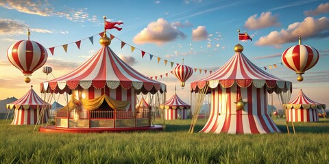 Red and White Striped Circus Tents in a Field at Sunset, 3D Render, Circus Tent, Carnival