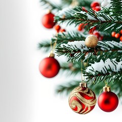 Fototapeta premium Realistic photo: Christmas decorations and arrangements, Christmas tree branches with toys, isolated on white and black background. 