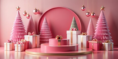 Fototapeta premium Pink Christmas Tree with Gift Boxes and Ornaments, 3D Rendering, Holiday, Festive