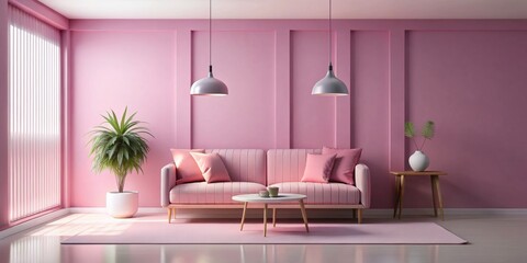 Pink Living Room Interior Design with Sofa, Rug and Pendant Lights, interior design , living room