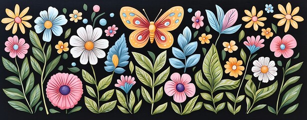Fototapeta premium Vibrant flowers and butterfly in colorful design.