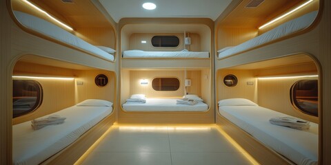 Fototapeta premium Modern capsule hotel room with a minimalist design featuring wooden interior, cozy single beds, and ambient lighting for a comfortable stay experience