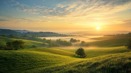 Obraz premium Serene Sunrise Breaking Through Morning Fog Over Rolling Hills in a Green Landscape with Soft Light and Tranquil Atmosphere