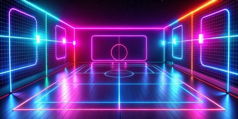 Neon Grid Basketball Court, 3D rendering, abstract, futuristic, basketball court , neon light