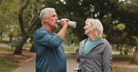 Outdoor, park and mature couple with drinking water, marriage and calm from exercise and fitness....