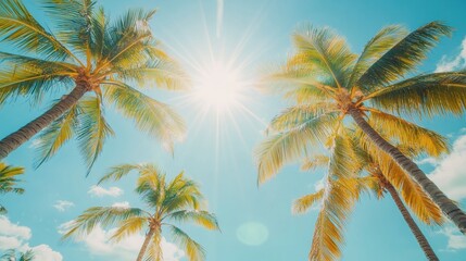 Bright Tropical Sun Over Palm Trees at Beach, Radiating Warmth and Beauty in Clear Blue Sky, Perfect for Vacation and Relaxation Themes
