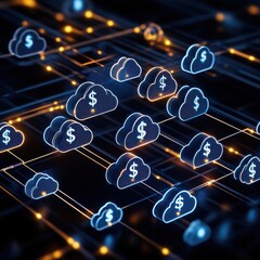 Cloud service storage concept.A digital network of cloud icons interconnected with dollar signs, symbolizing finance and technology in a modern, tech-driven economy.