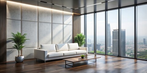 Fototapeta premium Modern Living Room with Panoramic City View, Sofa, Coffee Table, Interior Design , Real Estate