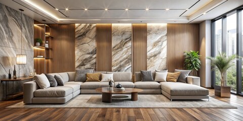 Modern Living Room with Sectional Sofa and Marble Wall, Interior Design, Home Decor, living room, interior design