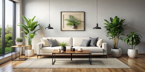 Fototapeta premium Modern Living Room Interior Design with White Sofa, Plants, and Natural Light, interior design, living room